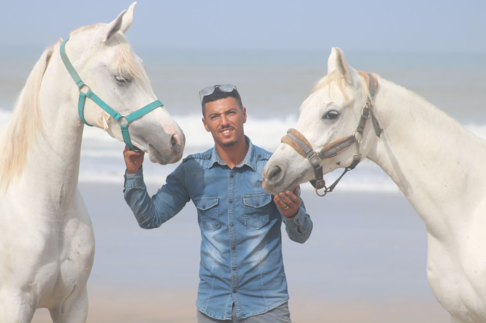Yahya avec ses deux chevaux blancs sur la plage